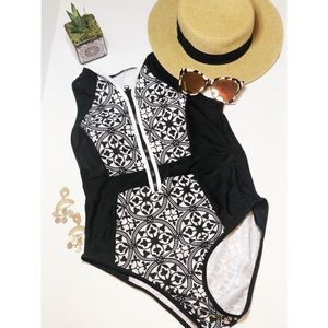 Retro Print One Piece Swimsuit Zipper, Push Up